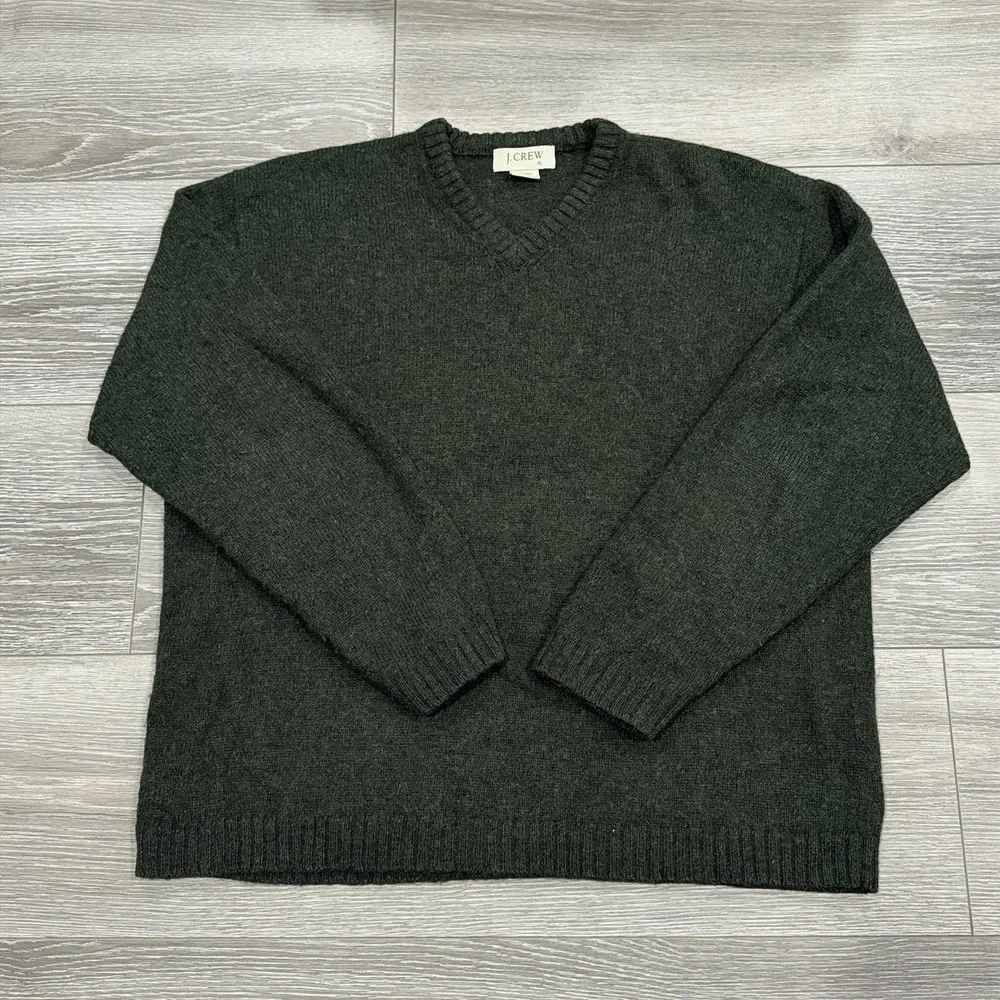 Vintage J.Crew Mens XL 100% Shetland Wool V-Neck Sweater Dark Heather Green